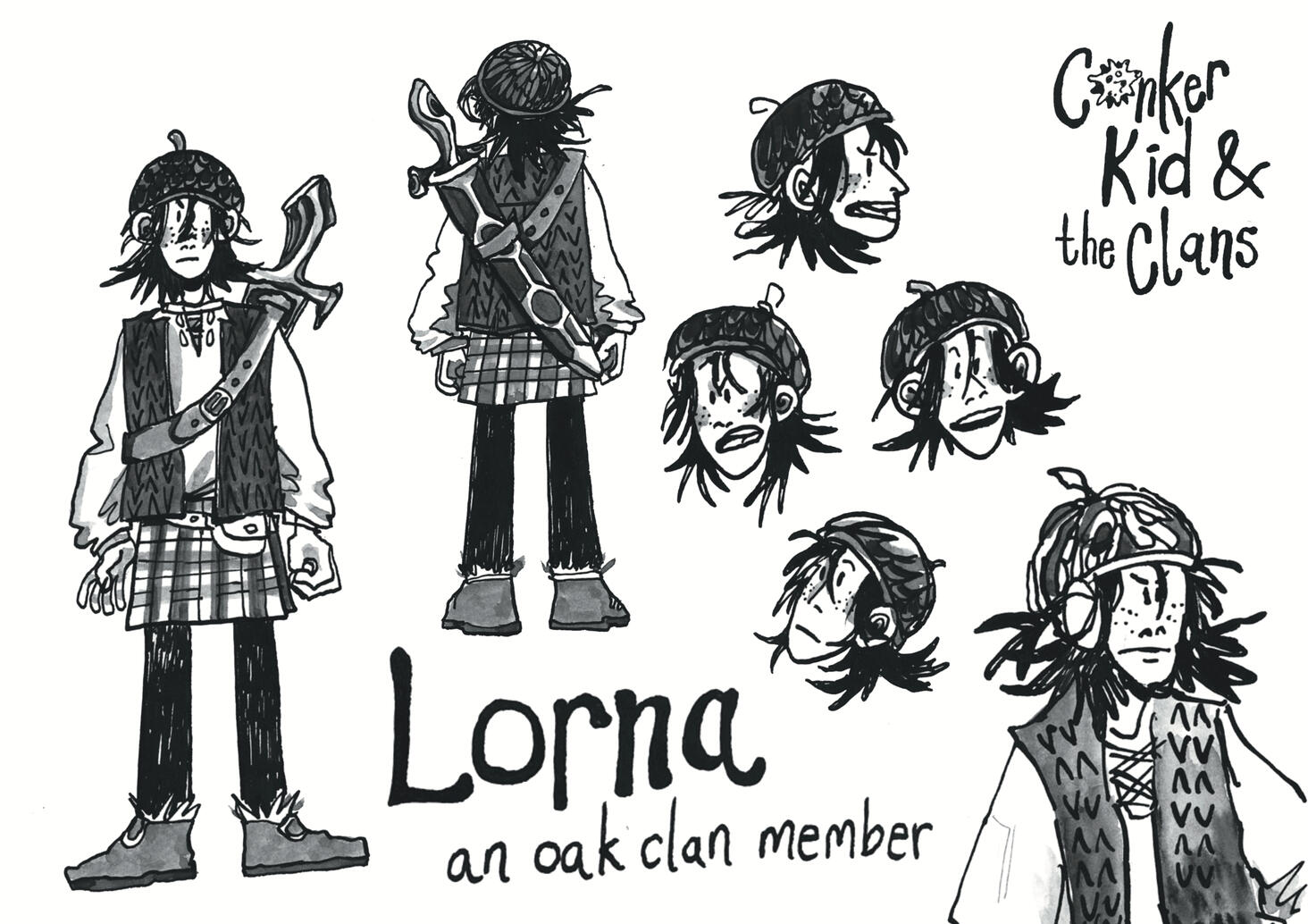 Conker Kid and the Clans Character Sheet - Lorna, a member of the Oak Clan